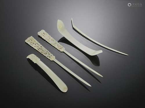 Group of 5 Chinese White Jade Hair Pins, 18-19th