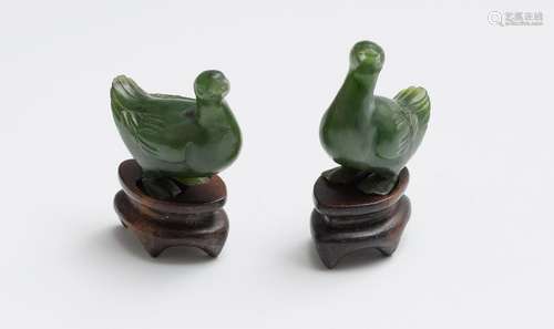 Pair of Small Chinese Green Jade Ducks, 19th Century