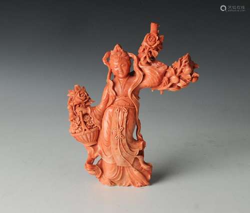 Chinese Coral Carving of a Woman w/ Basket