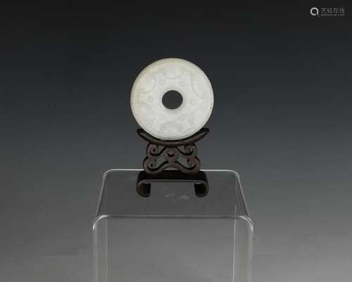 Chinese White Jade Bi Disc w/ Stand, 18-19th Century