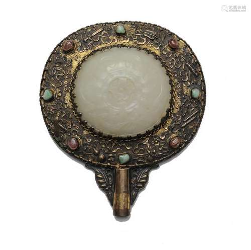 Jade & Silver Mirror w/ Jadeite & Tourmaline, 19th