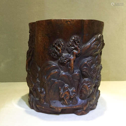 CHINESE CHENXIANG WOOD CARVED BRUSH POT