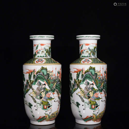 CHINESE PAIR OF FAMILLE VERTE ROULEAU VASES