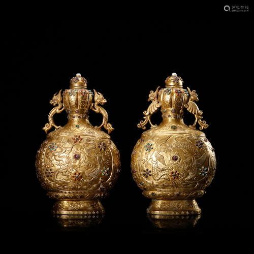 CHINESE PAIR OF GILT BRONZE VASES