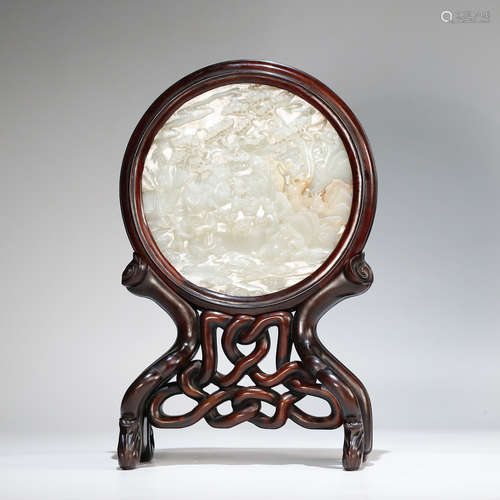 CHINESE WHITE JADE PLAQUE TABLE SCREEN