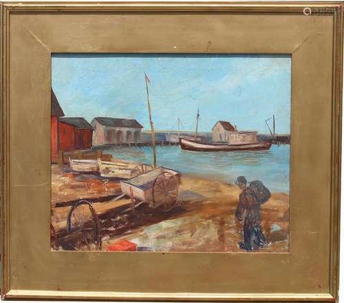 American School, '49 Harbor Scene with Figure