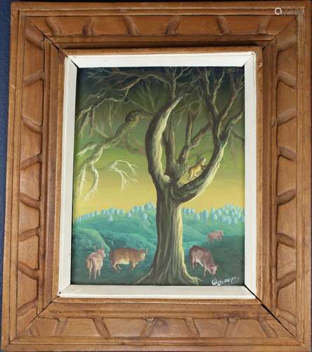 Signed, Vintage Surrealist Landscape with Cows