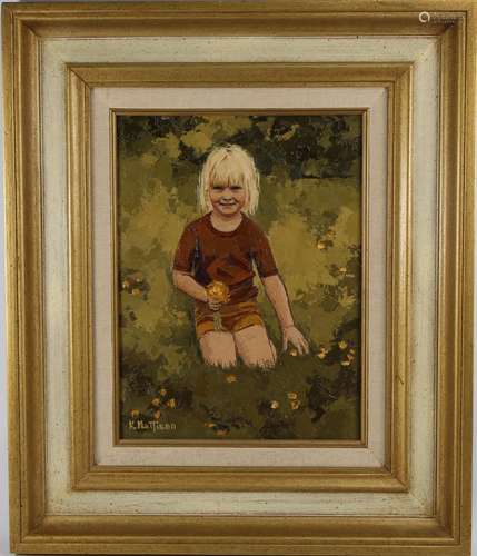 K. Mattison, Vintage Painting of Child in a Field