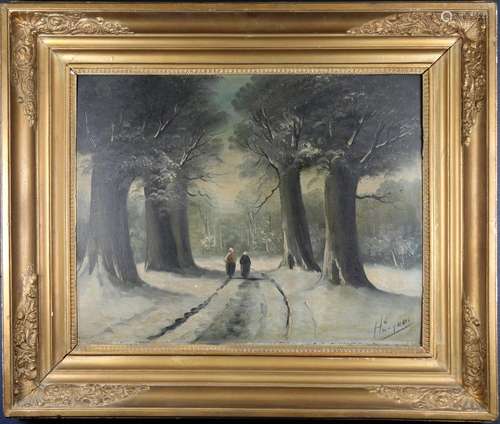 Antique Painting of Figures in a Winter Landscape