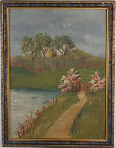 American School, House Near a River, Signed