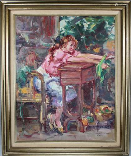 Signed, 20th C. Impressionist Girl in Garden