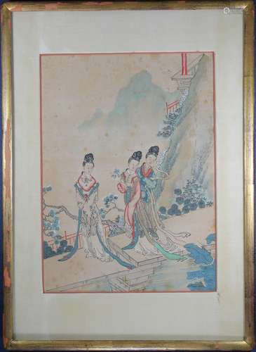 Framed Antique Chinese Figural Mixed Media