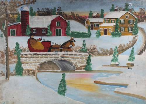 Folk Art, Horse Drawn Carriage Near Farm