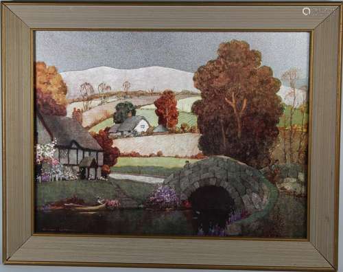 Vintage Countryside Landscape with Figures, Signed