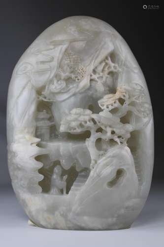 Rare Master Carved Chinese Figural Jade Mountain