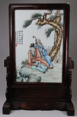 Signed, Chinese Porcelain Figural Plaque on Stand