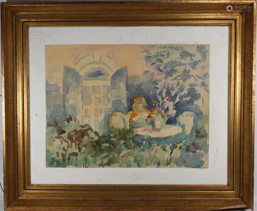 M. Manning, 20th C. Watercolor of Woman in Garden