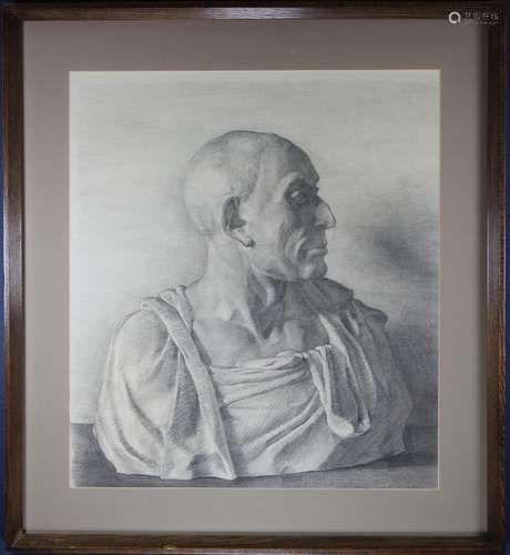 Signed, Pencil Drawing of a Stone Bust of a Man