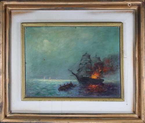 19th C. Nautical Battle Scene at Night, Signed