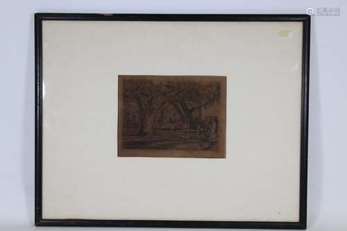 Signed, 19th C. Etching of Figures in a Park