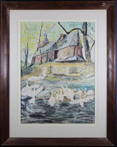 Vintage W/C of Slovakian Church w/ Geese Feeding