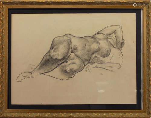 Signed, 20th C Reclining Nude Woman Drawing