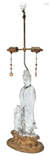 Chinese Rock Crystal Figure of a Guanyin and Attendant