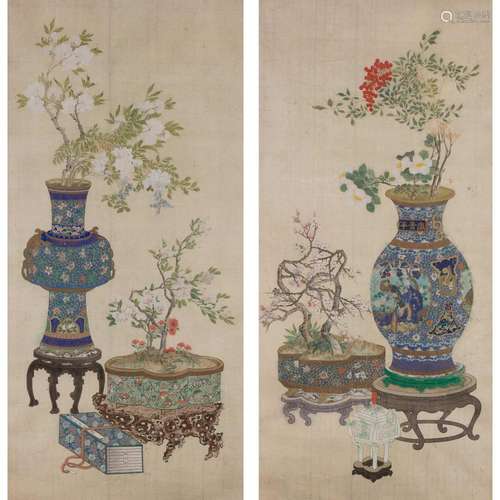 Chinese School Qing Dynasty Pair: Flowers in cloisonne vases