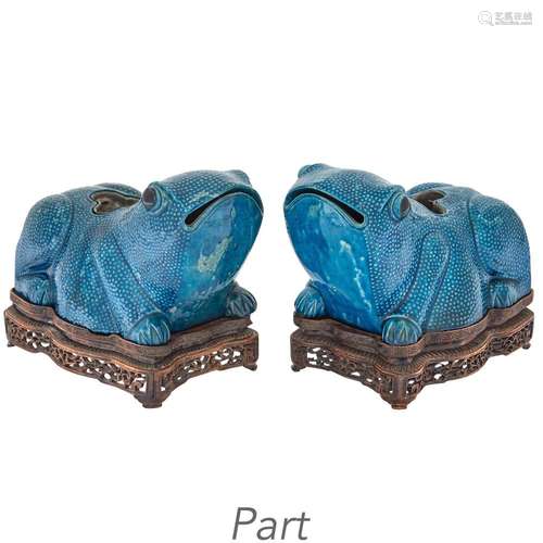 Pair of Chinese Turquoise Glazed Porcelain Toad Form Jardinieres; T/W a Blue and White Glazed Porcelain Three-Legged Toad Jardinere