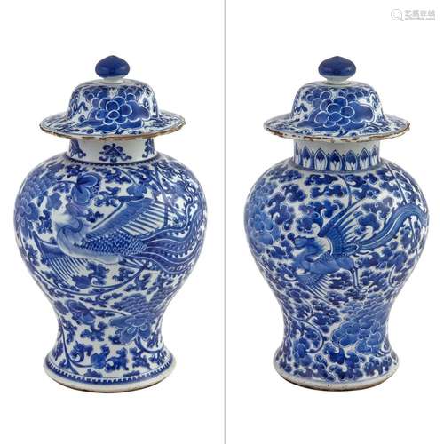 Pair of Chinese Blue and White Glazed Porcelain Covered Jars