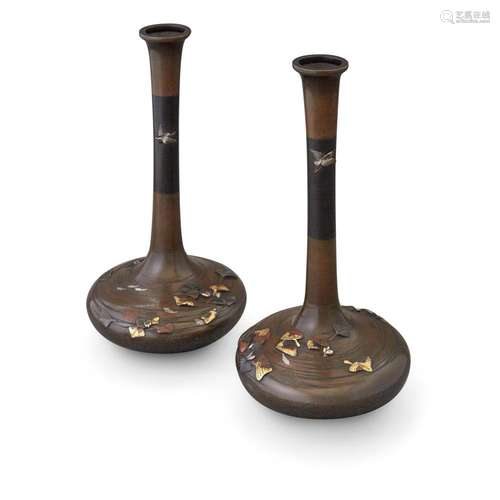 Pair of Japanese Mixed Metal Inlaid Bronze Vases