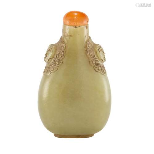 Chinese Celadon and Russet Jade Snuff Bottle