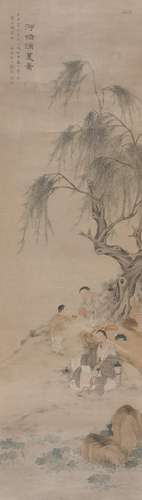 Gu Luo 19th Century Hanging scroll, scholar and attendants under a willow tree