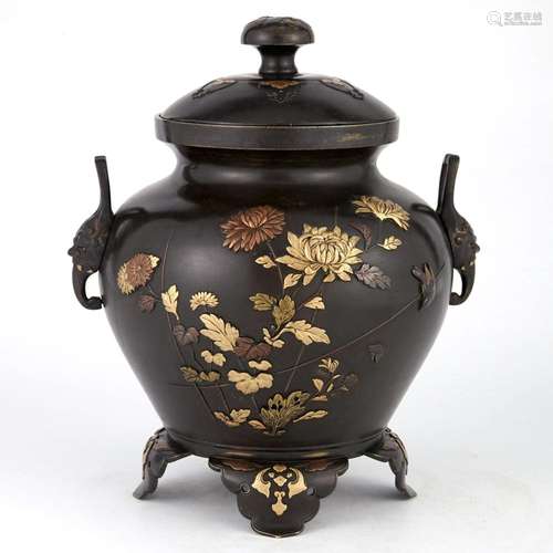 Japanese Soft Metal Inlaid Bronze Covered Vase