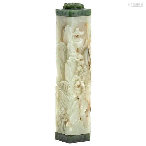 Chinese Reticulated White and Spinach Jade 'Red Cliffs' Incense Holder