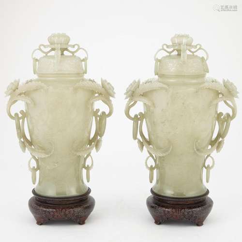 Pair of Chinese Mughal Style Celadon Jade Covered Vases