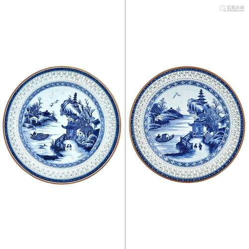 Two Similar Chinese Export Blue and White Porcelain Dishes