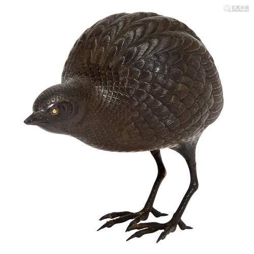 Japanese Inlaid Bronze Quail