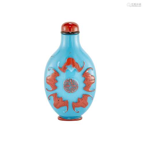 Chinese Red Overlay Blue Glass Snuff Bottle