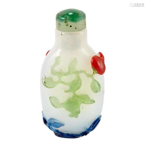 Chinese Blue, Red and Green Overlay White Glass Snuff Bottle