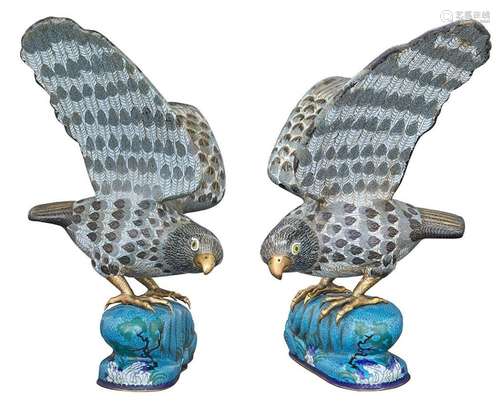 Pair of Chinese Cloisonné Enamel Hawks