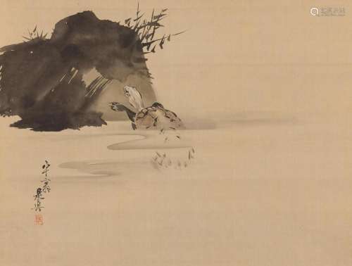 Shibata Zeshin (1807-1891) Hanging scroll, Tortoise crawling on to dry land