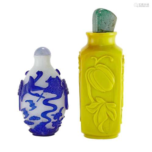 Chinese Yellow Glass Snuff Bottle; Together with a Chinese Blue Overlay White Glass Snuff Bottle