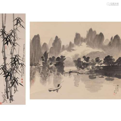 Chinese School 20th Century Hanging scrolls Two: bamboo and water landscape