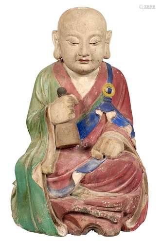 Korean Painted Gesso and Wood Figure of a Monk