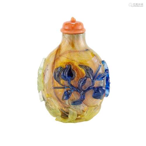 Chinese Red, Yellow, and Blue Overlay Glass Snuff Bottle