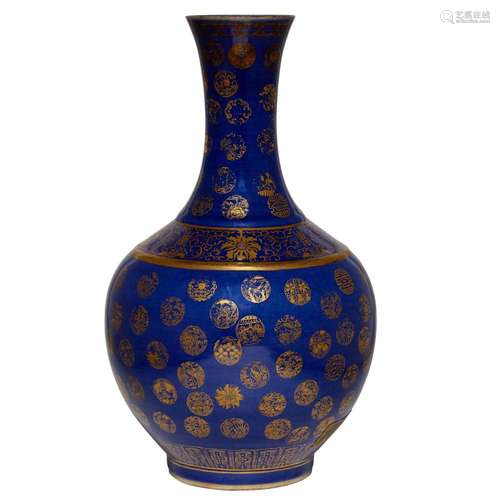 Chinese Blue Glazed Gilt Decorated Porcelain Vase