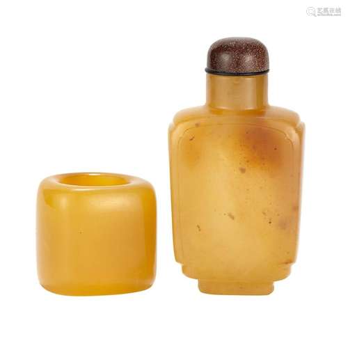 Chinese Light Brown Quartz Snuff Bottle; Together with a Matching Thumb Ring