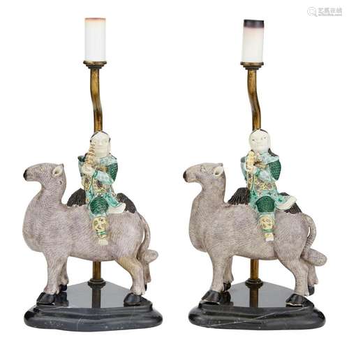 Two Similar Chinese Famille Verte Glazed Porcelain Camel Riders