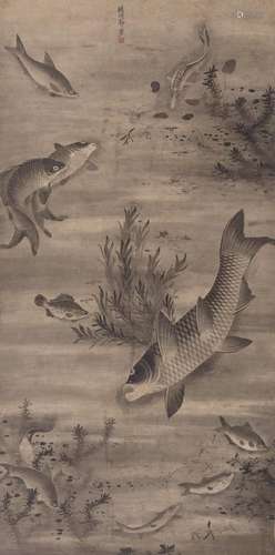 Guo Fu Chinese 19th Century Hanging scroll, fish and aquatic life